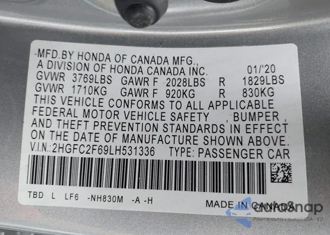 2020 Honda Civic Lx z USA, uszkodzony, nr VIN 2HGFC2F69LH531336